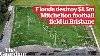 Floods destroy 15m synthetic field at Mitchelton football club in Brisbane Queensland [upl. by Eillam]