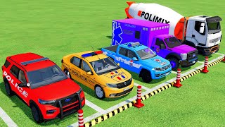 FORD DACIA AUDI VOLKSWAGEN POLICE CARS amp MERCEDES AMBULANCE EMERGENCY CAR TRANSPORTING  FS22 [upl. by Ummersen]