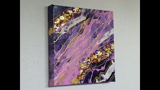 Fliesstechnik mit Acrylfarben  Glanzlack  Blattgold  Schmucksteine  fluid acrylic painting [upl. by Llertal]