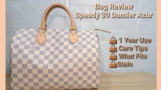 1 Year Bag Review Louis Vuitton Speedy 30 Damier Azur Bag  Wear and Tear  What Fits  Care Tips [upl. by Grevera]