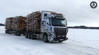 iceroadtrucking with a loaded MercedesBenz AROCS Timbertruck [upl. by Ahtebat189]