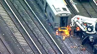 6 of 8 cars rerailed after 13 hurt in LIRR train derailment in Queens [upl. by Nomal]