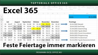 Feste Feiertage im Kalender jedes Jahr farbig markieren  Excel 365 Tutorial [upl. by Ahsal569]