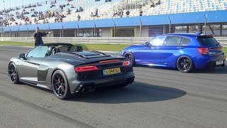 500HP BMW M135i xDrive F20 vs 620hp Audi R8 V10 Spyder Performance [upl. by Anale466]