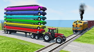 Double Flatbed Trailer Truck vs Speedbumps Train vs Cars  Tractor vs Train BeamngDrive 050 [upl. by Hands]