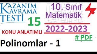 10 Sınıf  Kazanım Testi 15  Polinomlar 1 MEB  2022 2023  Matematik  PDF [upl. by Ecinaj]