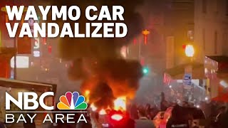 Waymo driverless car vandalized set on fire in San Franciscos Chinatown [upl. by Asirrak33]