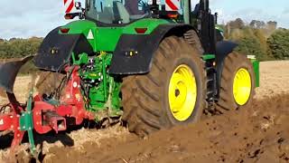 2023 John deere 7r 350with 8 farrow plough workingin Suffolk [upl. by Anirtak]