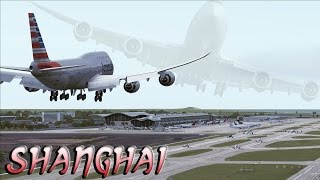 FSX HD  FICTIONAL American Airlines  Boeing 7478i  Approach to Shanghai [upl. by Nawak910]