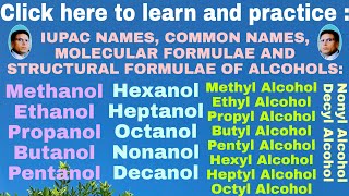 IUPAC NAMES COMMON NAMES STRUCTURAL FORMULAE AND MOLECULAR FORMULAE OF ALCOHOLS [upl. by Filbert]