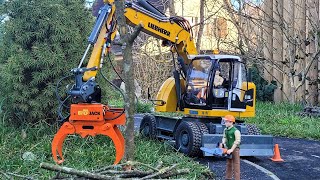 Felling of diseased tree RC excavator Liebherr A918 Grapple saw Scania 10x8 Hako Street Sweeper [upl. by Carboni]