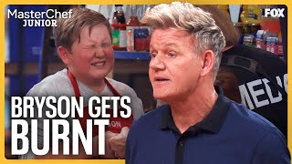 Chef Burns His Hand During Team Cooking Challenge  MasterChef Junior [upl. by Helbonia]