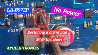 HP  No power  3V5V line short  burnt pad amp MOSFETs  LAB972P  PHILIPTRONIKS restoration hp [upl. by Alric]