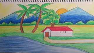 step by step nature scenery drawing village drawingdrawing nature for beginnersdrawing scenery [upl. by Atiraj]