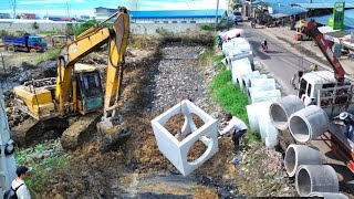 New Drainage System Construction Installing Reinforced Concrete Pipes On Dirt [upl. by Iahk]