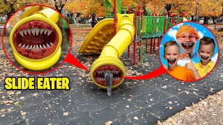 Drone Catches SLIDE EATER EATS BLIPPI VLAD AND NIKI AT THE PLAYGROUND SLIDE EATER IN REAL LIFE [upl. by Isteb915]