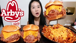 ARBYS 12 POUND ROAST BEEF SANDWICH Extra Cheesy Loaded Curly Fries Crispy Waffle Fries  Mukbang [upl. by Ebeneser97]