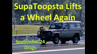 SupaTroopsta Struggles at the drags 350 Chev Toyota Troopcarrier lifts a wheel amp runs out of fuel [upl. by Akemahc610]