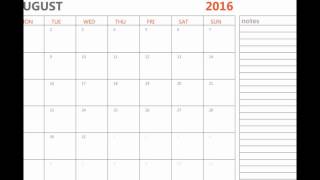 Printable August 2016 calendar with holidays and notes [upl. by Sankey]