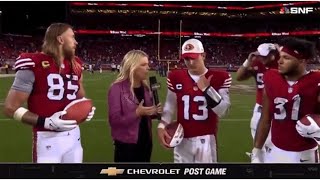 49ers Nick Bosa crashes Brock Purdys interview wearing Make America Great Again hat [upl. by Juetta]