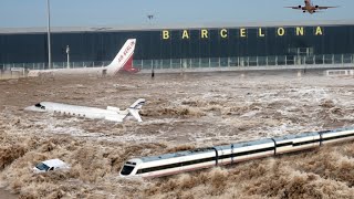 Barcelona airport and metro flooded Spain on alert Highways submerged as extreme rain strike [upl. by Oynotna]