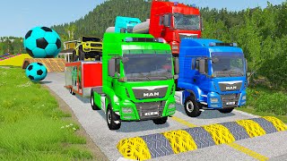 Double Flatbed Trailer Truck vs Speedbumps Train vs Cars  Tractor vs Train BeamngDrive 058 [upl. by Areik55]