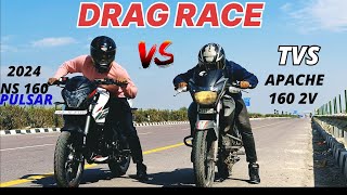 NEW PULSAR NS 160 2024 VS TVS APACHE RTR 160 2V  DRAG RACE BATTLE 💥💥 RACE TILL THEIR POTENTIAL 🚀 [upl. by Tebasile]