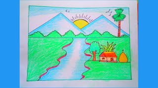 How to draw village scenery ❤️Easy River scenery drawing idea Natural scenery drawing idea [upl. by Caines338]