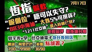 港股速報 恆指呢個位唔可以失守｜883中海油大跌可撈貨？｜2382舜宇光學285比亞迪電子急升後點部署？｜急升後要追貨？｜700騰訊｜9988阿里巴巴｜3690美團｜恒生指數｜港股｜7月17日 [upl. by Eniron553]