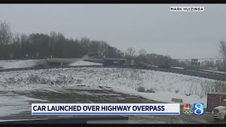 Video shows car ‘flying over bridge’ crashing along US131 [upl. by Trumaine539]