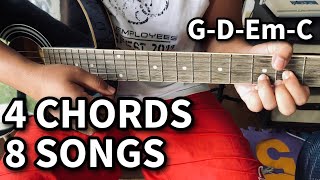 4 CHORDS  8 SONGS for Beginners  G D Em C  Easy Guitar Chords [upl. by Royall]