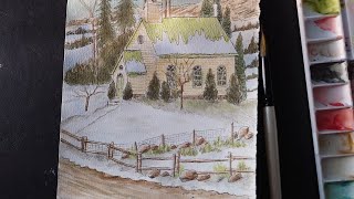 house in snow line and wash watercolor [upl. by Aitnic]