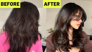 How To Style Curtain Bangs and Tame Frizzy Hair Like HAIR STYLISTS [upl. by Xuagram77]