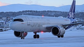 4K Close Up Calm Winter Morning  SAS A320Neo taxiing into gate  Tromsø Lufthavn ENTCTOS [upl. by Anyaled]