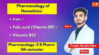 L8। U2। Hematinics Pharmacology। B Pharm 5th semester। Iron। Folic acid। Vitamin B12। Shahruddin। [upl. by Krystyna928]