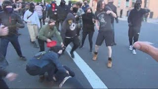 May Day fight between Patriot Prayer and Antifa breaks out in Northeast Portland [upl. by Adnolat]