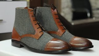 Mens Brown Leather Tweed Ankle Boots Dress Design Cap Toe Boots [upl. by Ailido]