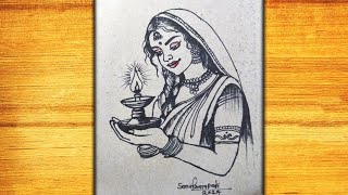 Beautiful girl  Balck Mark Drawing  How to draw Rajasthan Girl  sketch  penwork art [upl. by Carmine643]