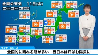 10月11日水の天気予報 全国的に晴れる所が多い 西日本は汗ばむ陽気に [upl. by Yenwat]