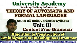 TAFL34Theory of AutomataContext Free Grammar Ambiguous to Unambiguous Grammar In Hindi by UA [upl. by Benedetta]