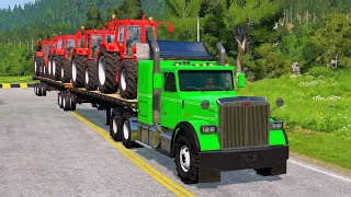 Tractors Transportation with Truck on Flatbed Trailer  Train vs Tractor  BeamNGDrive049 [upl. by Dnomzed578]