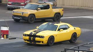 Hellcat vs allelectric pickup truck Rivian  drag racing [upl. by Nosirb]