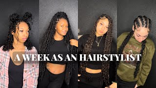 Weekly hairstylist vlog  bob length knotless boho knotless stitch braids [upl. by Amehsat524]