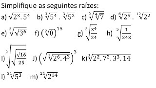 Parte 1  Propriedades da Potenciação e Radiciação  Simplifique as seguintes raízes [upl. by Castorina]