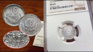 NAJRZADSZA MONETA PRL 10 groszy 1973 aluminium BEZ ZNAKU mennicy NGC MS65  Aukcja 26 Niemczyk [upl. by Forester]