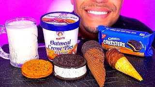 ASMR OREO CAKESTERS CONE OATMEAL CREME PIES ICE CREAM SANDWICH WITH MILK EATING CANDY SWEETS [upl. by Campbell526]