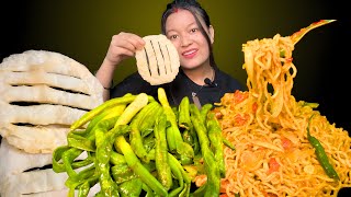 Eating Spicy🌶️ Noodles With Nepali Fini Roti  And Masala Spring Onions ASMR Food only veg mukbang [upl. by Hooge938]