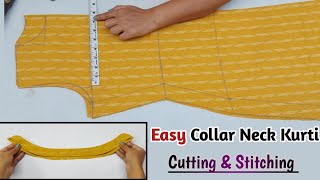 Collar Neck KurtiSuit Cutting and Stitching  Front button placket kurti cutting and stitching [upl. by Laurette]