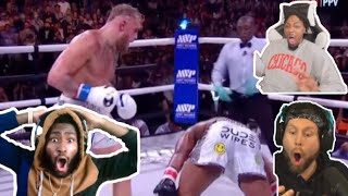 Youtubers Reacting to Jake Paul KNOCKING OUT Tyron Woodley [upl. by Eiramanna]