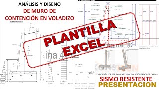 DISEÑO DE MURO DE CONTENCION PLANTILLA EXCEL Sobrecarga angulo de inclinacion de relleno y sismo [upl. by Orwin]